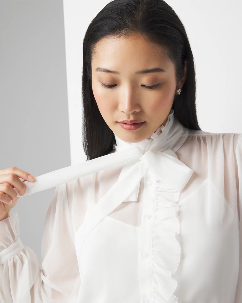 White chiffon ruffle blouse on sale